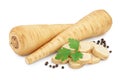 Parsnip root and slices with parsley isolated on white background with clipping path Royalty Free Stock Photo