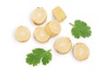 Parsnip root slices with parsley isolated on white background with clipping path. Top view. Flat lay Royalty Free Stock Photo