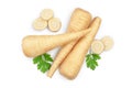 Parsnip root and slices with parsley isolated on white background with clipping path. Top view. Flat lay Royalty Free Stock Photo