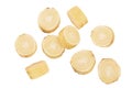 Parsnip root slices with parsley isolated on white background with clipping path. Top view. Flat lay Royalty Free Stock Photo