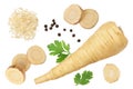 Parsnip root and slices with parsley isolated on white background with clipping path. Top view. Flat lay Royalty Free Stock Photo