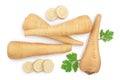 Parsnip root and slices with parsley isolated on white background with clipping path. Top view. Flat lay Royalty Free Stock Photo