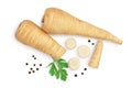 Parsnip root and slices with parsley peppercorns isolated on white background with clipping path. Top view. Flat lay Royalty Free Stock Photo