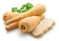 Parsnip roots and parsnip slices isolated on white background. File contains clipping paths Royalty Free Stock Photo