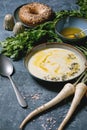 Parsnip soup with butter sauce