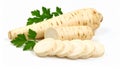 Parsnip Still Life: Whole Root, Sliced Rounds, and Fresh Parsley on White Royalty Free Stock Photo