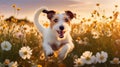 Parson Jack Russell Terrier runs through Flowers