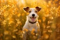 Parson russell terrier dog sitting in meadow field surrounded by vibrant wildflowers and grass on sunny day ai generated