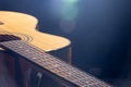 Part of acoustic guitar on black background copy space Royalty Free Stock Photo