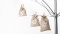 22-24 part of advent calendar - matting bags hanging on alternative Xmas Tree silver wood on white.