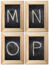 Part of the alphabet drawing with chalk on the old scratched chalkboard background with wooden frame. Letters: M, N, O Royalty Free Stock Photo