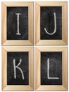 Part of the alphabet drawing with chalk on the old scratched chalkboard background with wooden frame. Letters: I, J, K Royalty Free Stock Photo