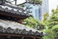 Part of ancient traditional Japanese roof against evergreen pines and contemporary buildings on background Royalty Free Stock Photo