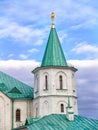 Architectural detail of the Ratnaya Chamber complex with a turret, a three-headed eagle on a spire in Tsarskoe Selo in Royalty Free Stock Photo