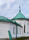 Architectural detail of the Ratnaya Chamber complex with a turret, a three-headed eagle on a spire in Tsarskoe Selo in Royalty Free Stock Photo