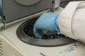 A part of an arm with labcoat and with blue nitril gloves putting a small plastic test tube in a micro centrifuge. Royalty Free Stock Photo