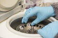 A part of an arm with labcoat and with blue nitril gloves putting a small plastic test tube in a micro centrifuge. Royalty Free Stock Photo