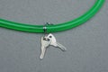 Part of a bicycle lock made of iron cable in green plastic and two keys Royalty Free Stock Photo