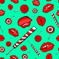 Part of the body, the expression of the lips, to lick the Lollipop. Abstract white seamless background of candy and lips