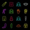 Part of the body, limb neon icons in set collection for design. Human anatomy vector symbol stock web illustration. Royalty Free Stock Photo