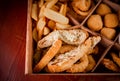 A part box assorted snacks deep-fried beer Royalty Free Stock Photo