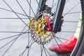 Part of brake disc front wheel mountain bike Royalty Free Stock Photo