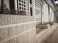 Part of  building with plants and flowers as a tiny garden under windows Royalty Free Stock Photo