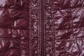 Part of burgundy women`s leather jacket with zipper in middle. Top view. Close-up
