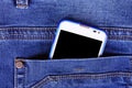 Part of cellphone in blue jeans pocket Royalty Free Stock Photo