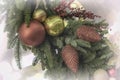 Part of a Christmas garland close-up, ornaments, christmas balls and cones, festive background. Selective focus. Winter Royalty Free Stock Photo