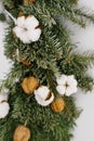 Christmas wreath close-up: spruce, cotton and walnuts Royalty Free Stock Photo