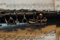 Part of a clarinet against sheet music Royalty Free Stock Photo