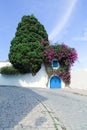 Part of cobbled streets of house decorated with flowers and greenery Royalty Free Stock Photo