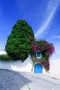 Part of cobbled streets of house decorated with flowers and greenery Royalty Free Stock Photo