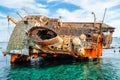 Part of a colorful wreckage afloat in the Red Sea