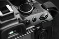 Part of the control console of a SLR camera with a flip-up display. Black silhouette with bright highlights on a black background Royalty Free Stock Photo