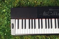 Part of electric piano keyboard, green grass background