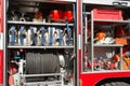 Part of equipment of a firetruck: hoses and syringe of a water cannon