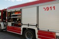 Part of equipment of a firetruck: hoses and syringe of a water cannon