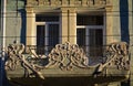 The part of facade of old residential building on pedastrian street of Samara city