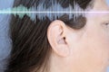 part face of female face, ear, Sound Waves and Music, Hearing Test, concept Auditory System Health, acoustic trauma, Royalty Free Stock Photo