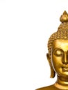 The part of face golden antique buddha statue on the white background isolated background. The face of the Buddha is Straight fa Royalty Free Stock Photo