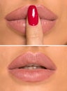 Part of face. plump lips and lips with finger like quiet