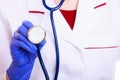 Part female body in lab coat. Doctor nurse with stethoscope isolated Royalty Free Stock Photo