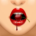 Part of female face with red lips with a juicy cherry in te