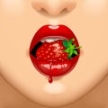Part of female face with red lips with a strawberry in teet
