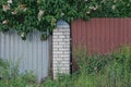 Part of a fence wall made of white bricks and gray brown metal overgrown with green grass Royalty Free Stock Photo