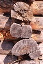 Part of the frame of an old log village bath. The cut surface of old logs. Detail of cut old logs. Royalty Free Stock Photo