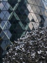 Part of the Gerkin building in London and a portion of a stainless steel sculpture by Ryan Gander