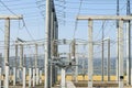 Part of high-voltage substation on blue sky background with switches and disconnectors. Ukrainian energy infrastructure